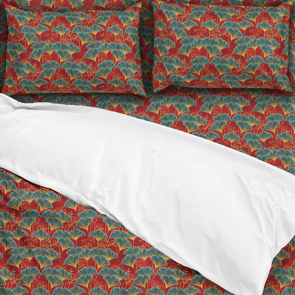 Bedding Set – Blue Ginkgo Leaves With Gold Outline On Red Background