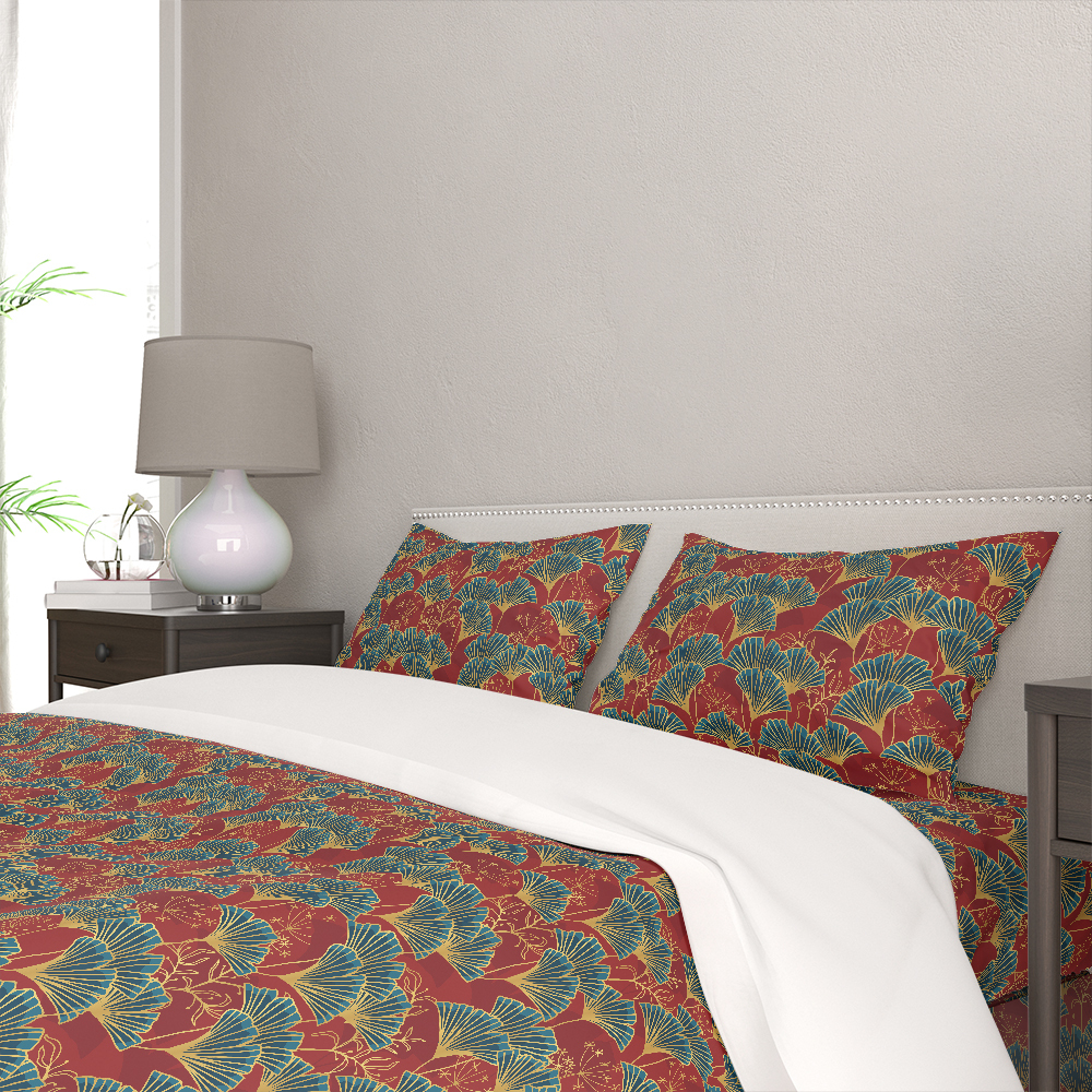 Bedding Set – Blue Ginkgo Leaves With Gold Outline On Red Background