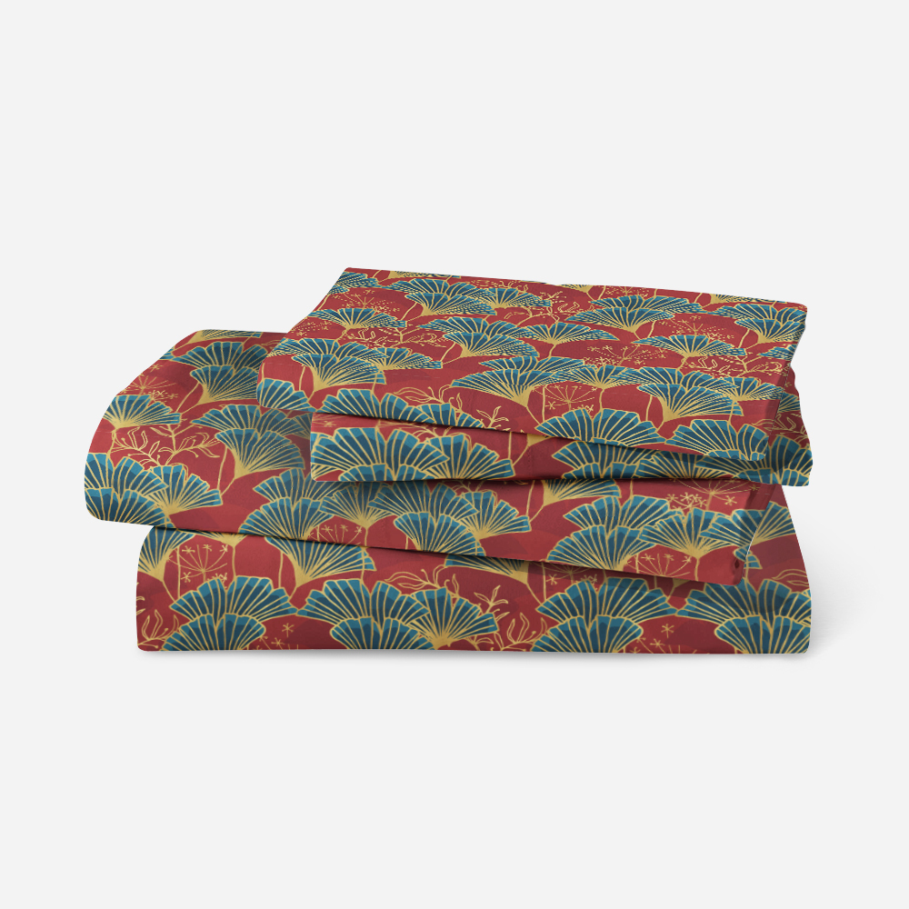Bedding Set – Blue Ginkgo Leaves With Gold Outline On Red Background