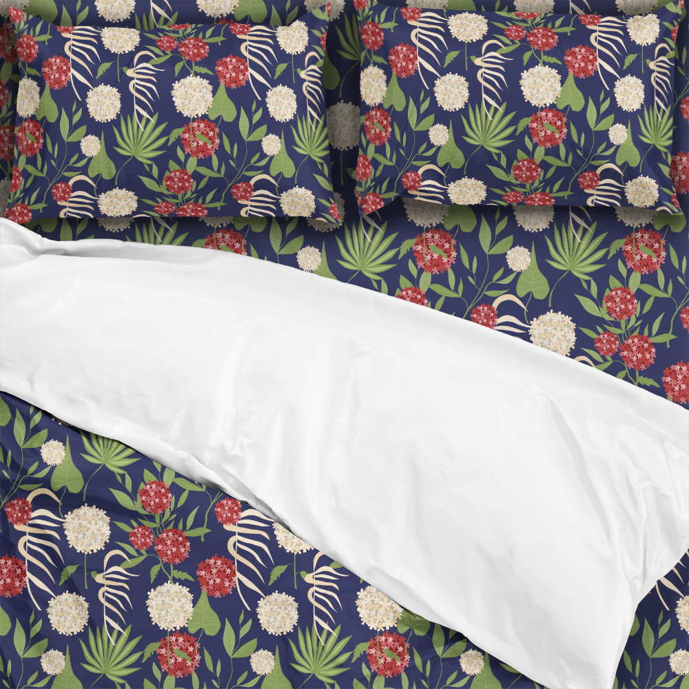 Bedding Set – Modern Botanical Floral Green Leaves & Spherical Flowers