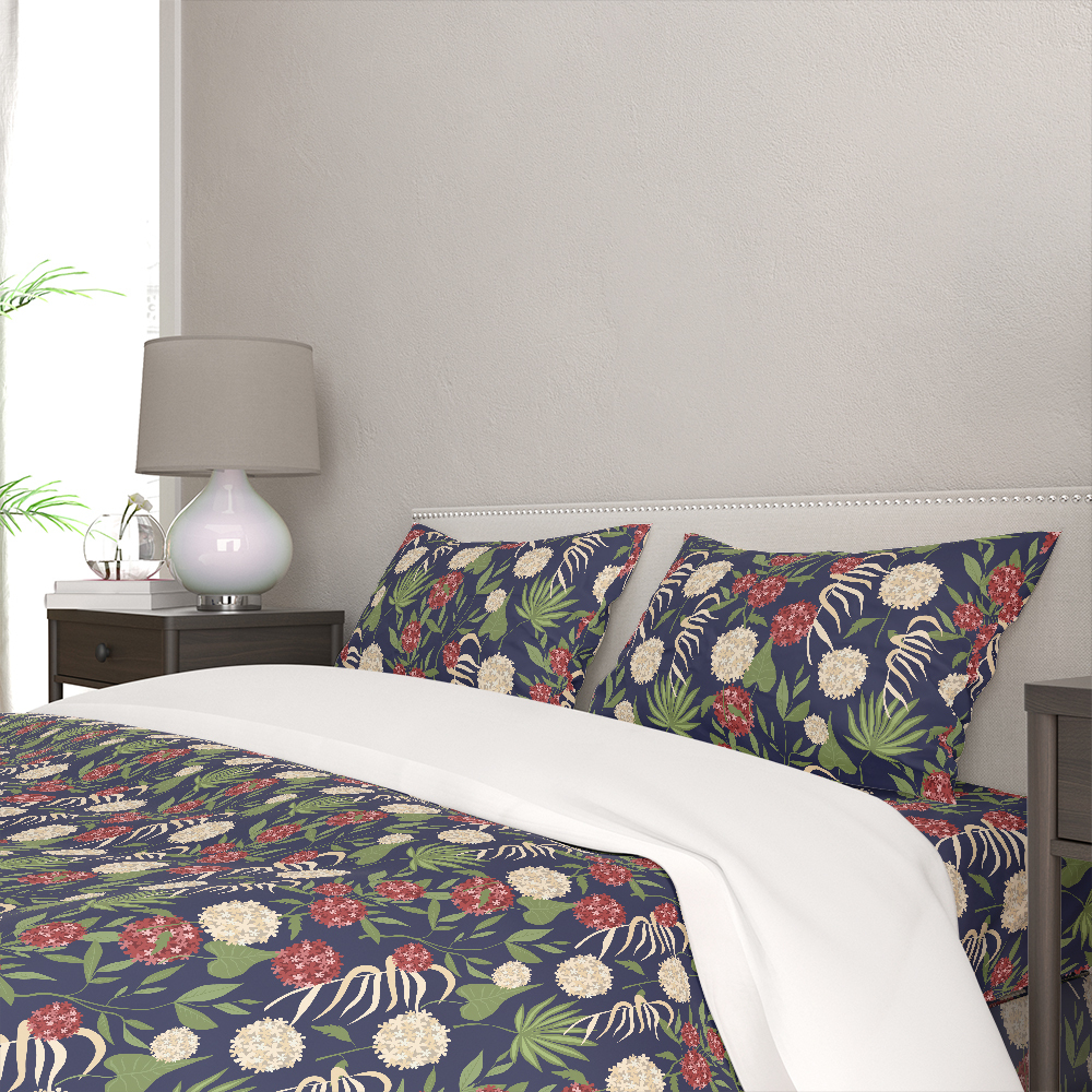 Bedding Set – Modern Botanical Floral Green Leaves & Spherical Flowers