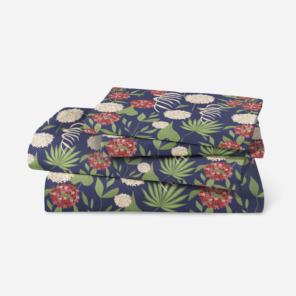 Bedding Set – Modern Botanical Floral Green Leaves & Spherical Flowers