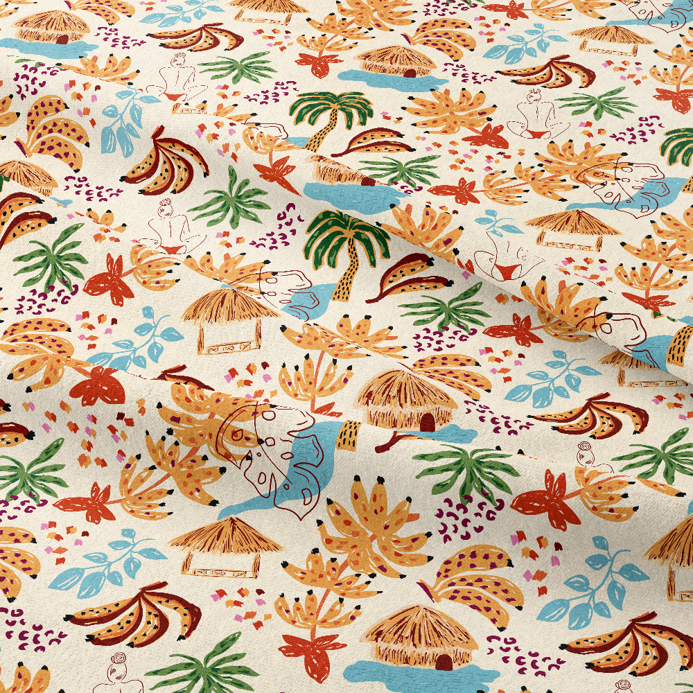 Hand-Drawn Tropical Beachside Haven with Exotic Jungle Palm and Floral – Custom Print Fabrics