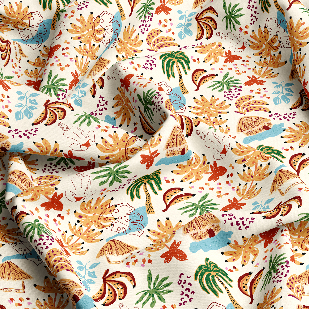 Hand-Drawn Tropical Beachside Haven with Exotic Jungle Palm and Floral – Custom Print Fabrics