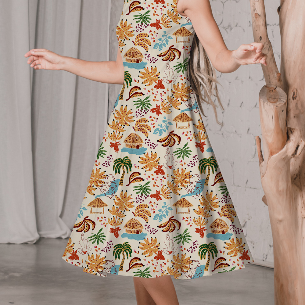 Hand-Drawn Tropical Beachside Haven with Exotic Jungle Palm and Floral – Custom Print Fabrics