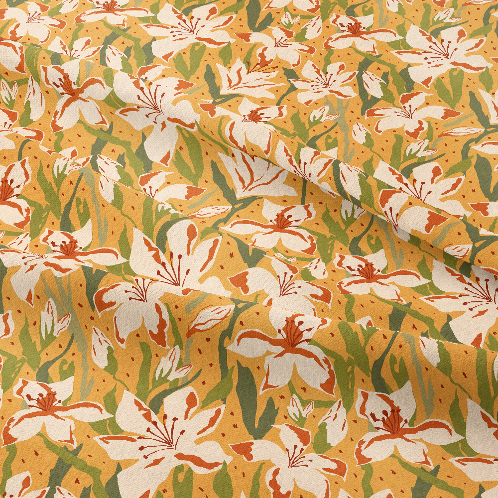 Hand-Drawn Lily Floral Botanical Garden Design on Yellow – Custom Print Fabrics