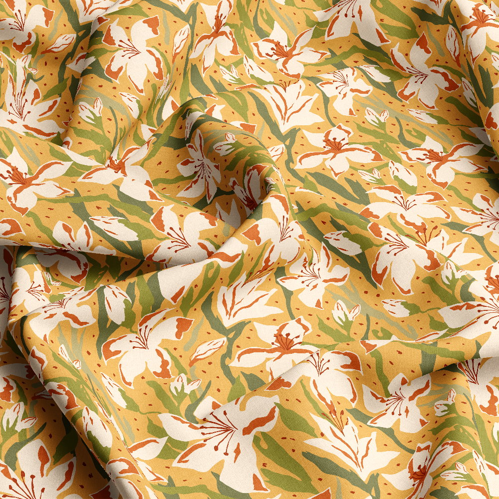 Hand-Drawn Lily Floral Botanical Garden Design on Yellow – Custom Print Fabrics
