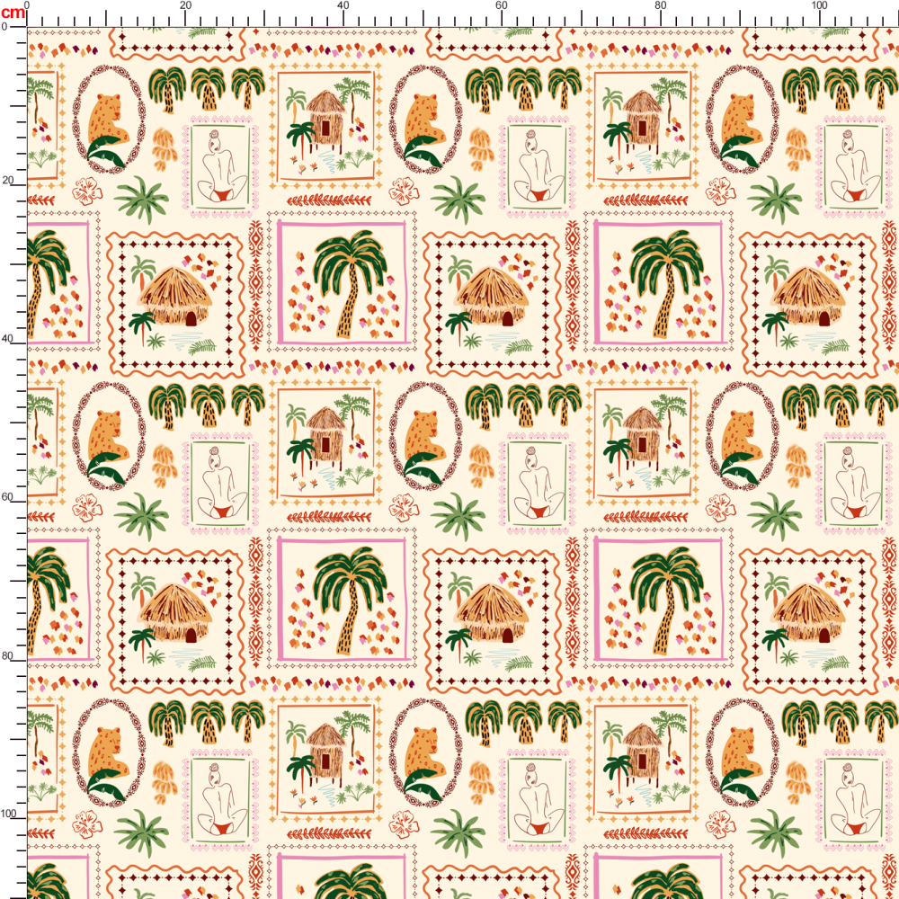 Summer Tropical Patchwork with Palm Tree, Cabin and Jungle Animal Spots – Custom Print Fabrics