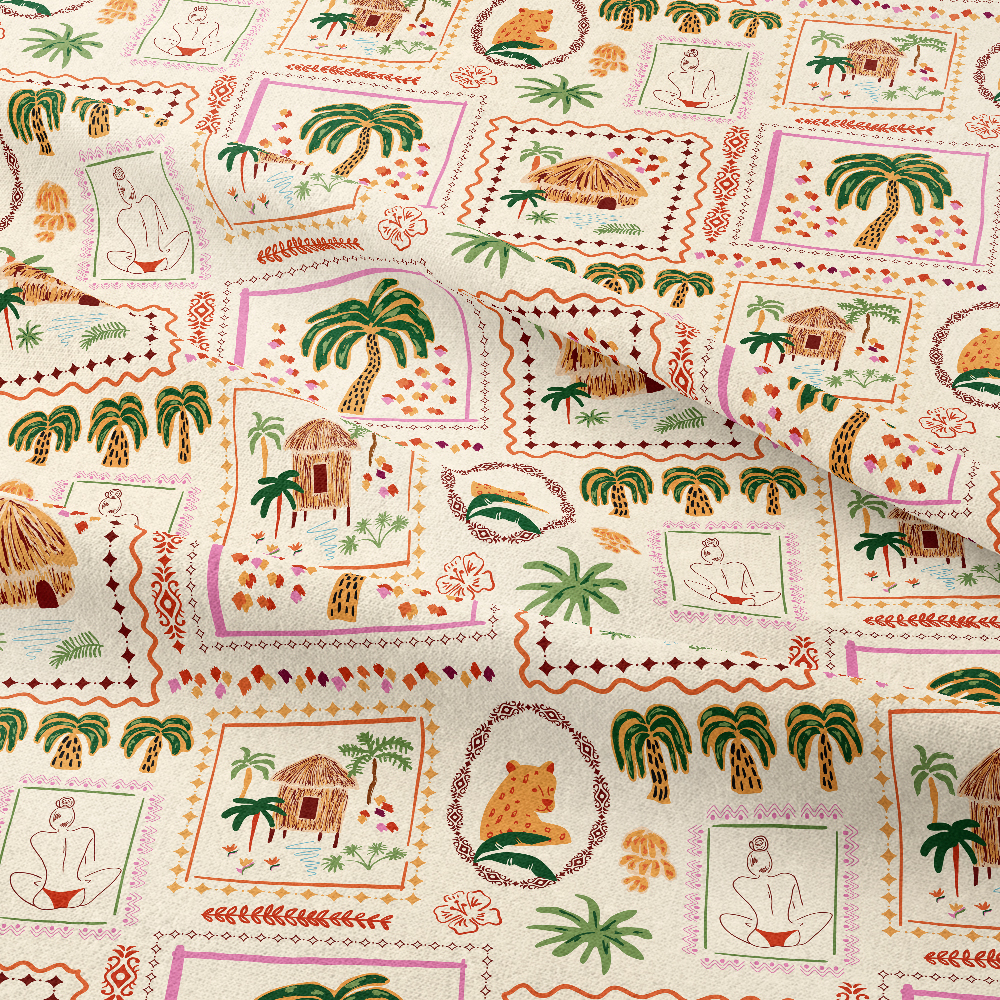Summer Tropical Patchwork with Palm Tree, Cabin and Jungle Animal Spots – Custom Print Fabrics