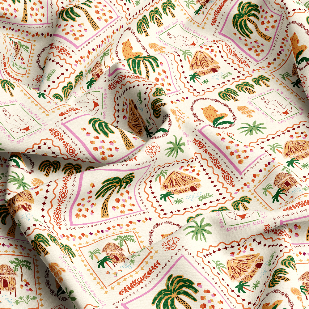 Summer Tropical Patchwork with Palm Tree, Cabin and Jungle Animal Spots – Custom Print Fabrics