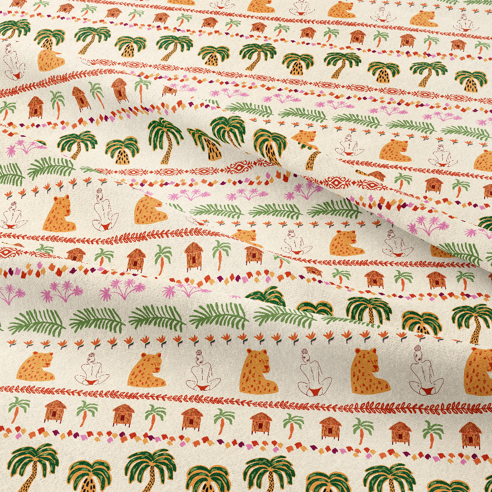 Tropical Striped Seamless Pattern with Jaguar and Beach House – Custom Print Fabrics