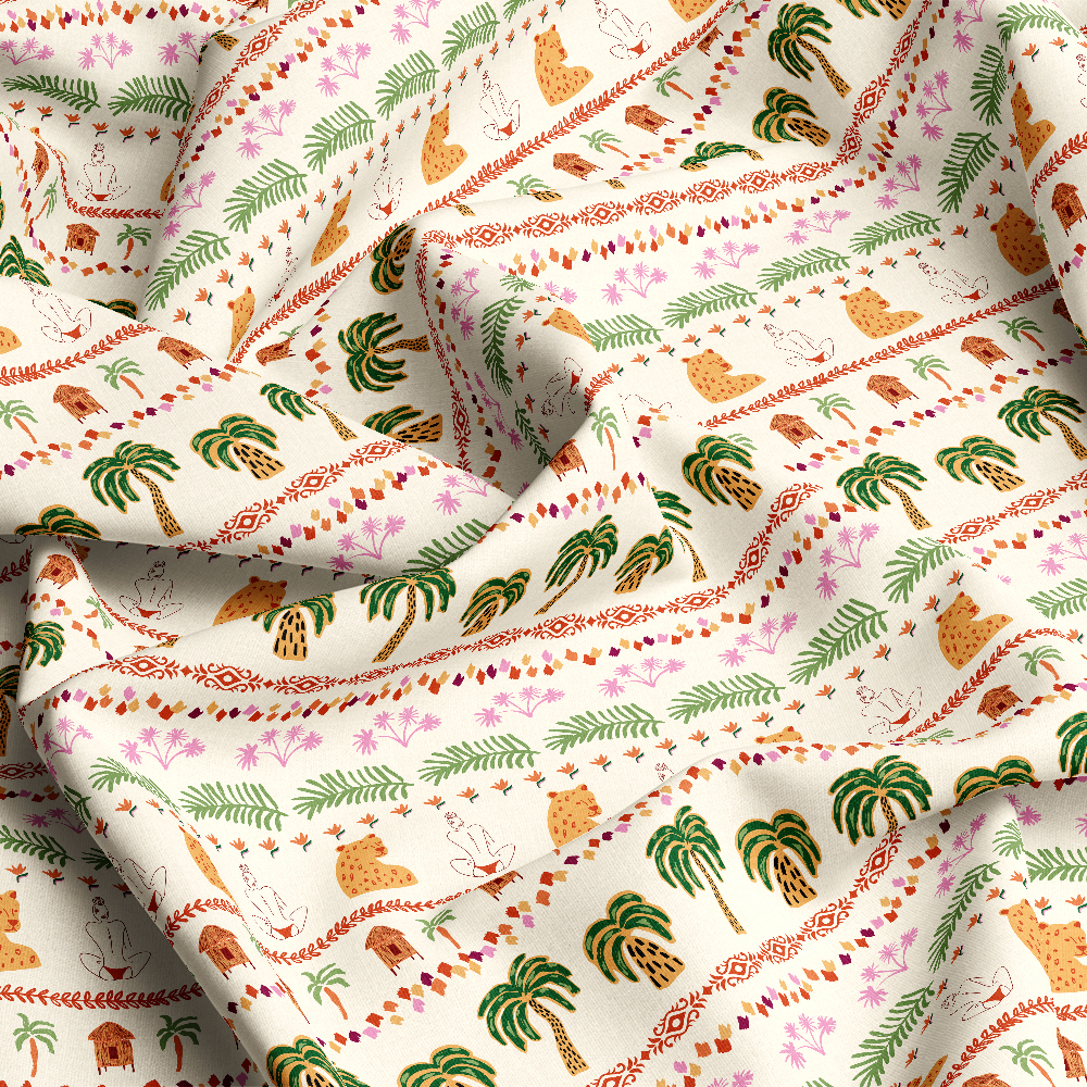 Tropical Striped Seamless Pattern with Jaguar and Beach House – Custom Print Fabrics