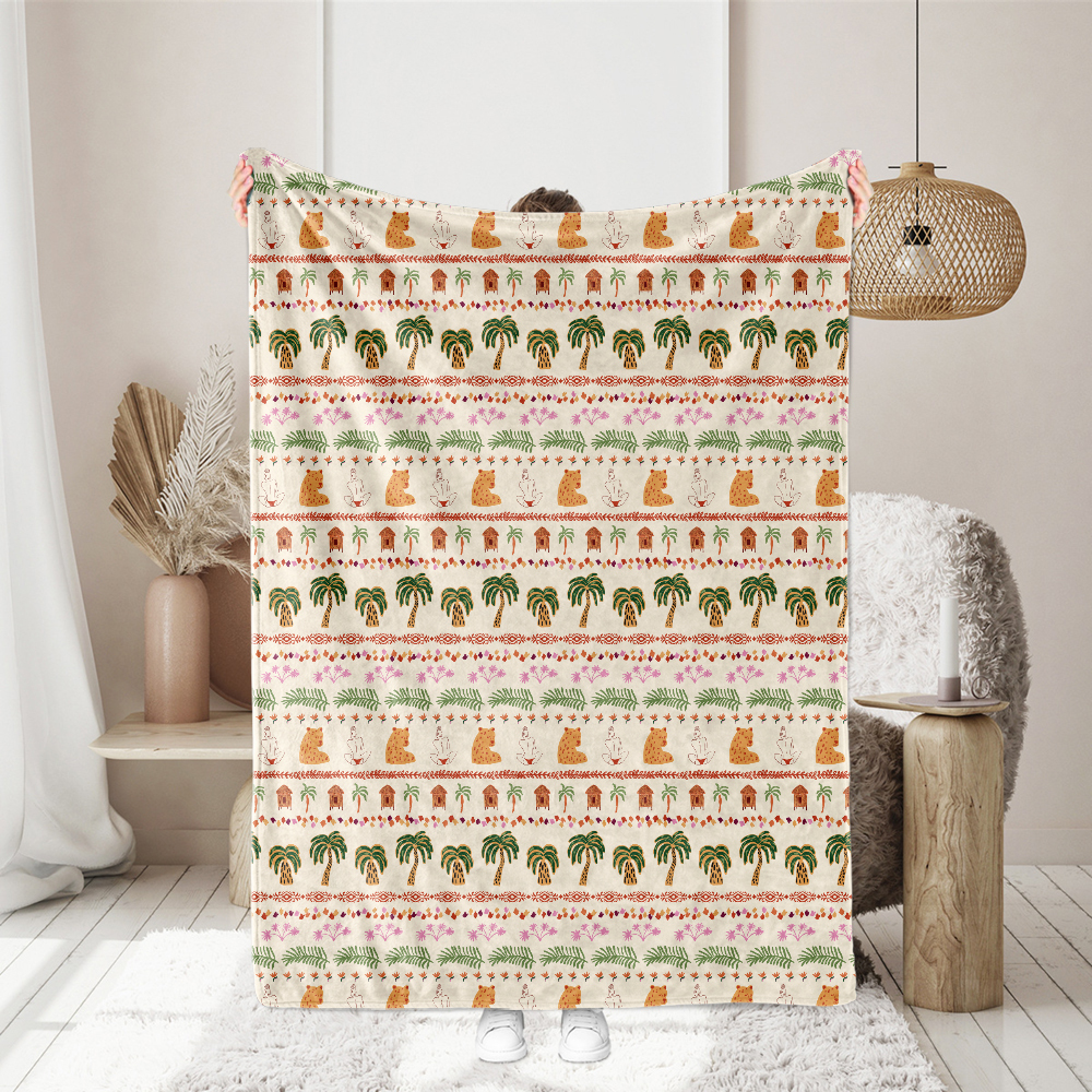 Tropical Striped Seamless Pattern with Jaguar and Beach House – Custom Print Fabrics