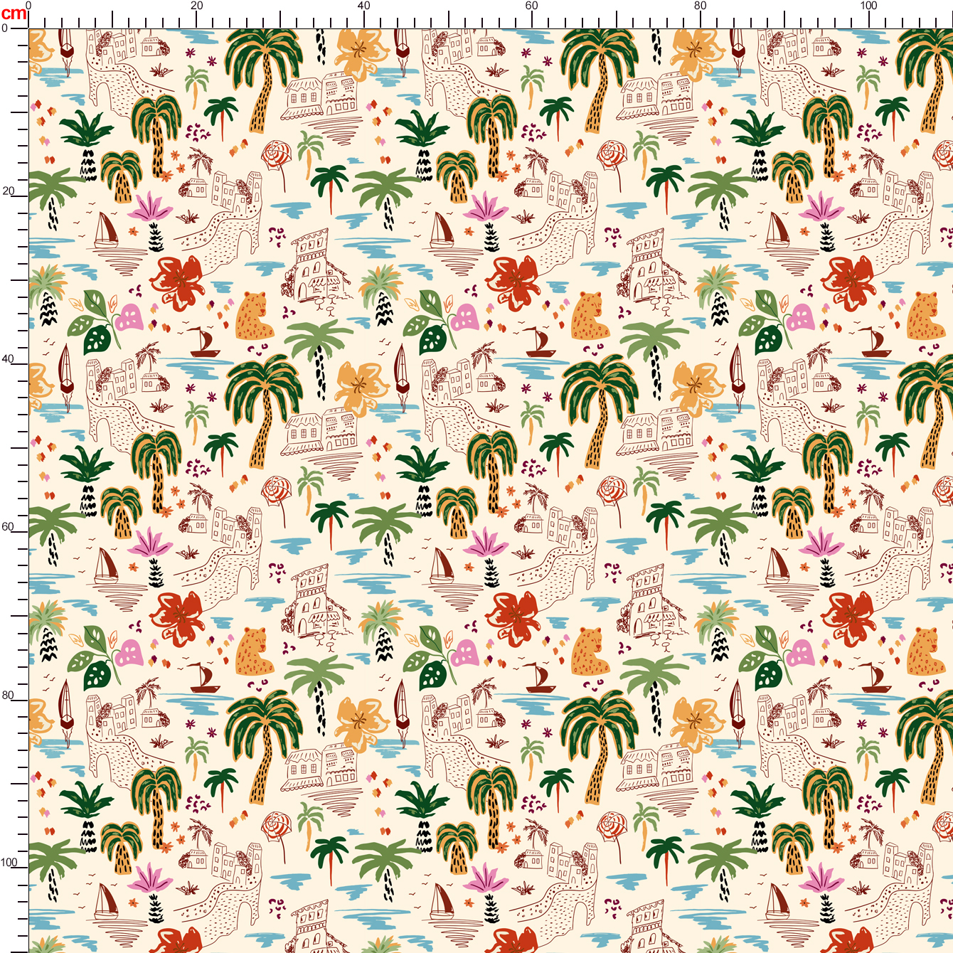 Coastal Urban Sketching with Sail Boat Palm Tree and Hibiscus Flower – Custom Print Fabrics