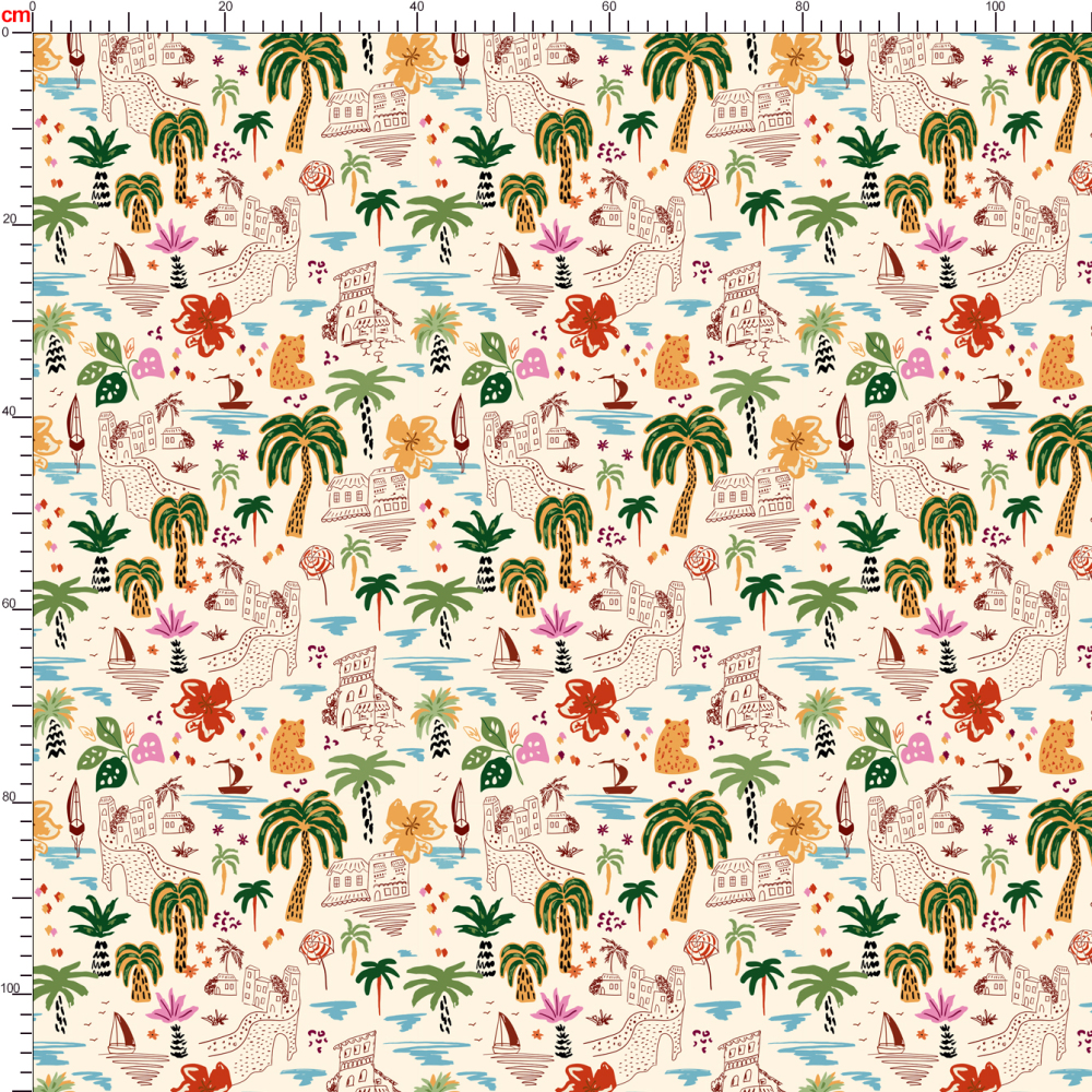 Coastal Urban Sketching with Sail Boat Palm Tree and Hibiscus Flower – Custom Print Fabrics