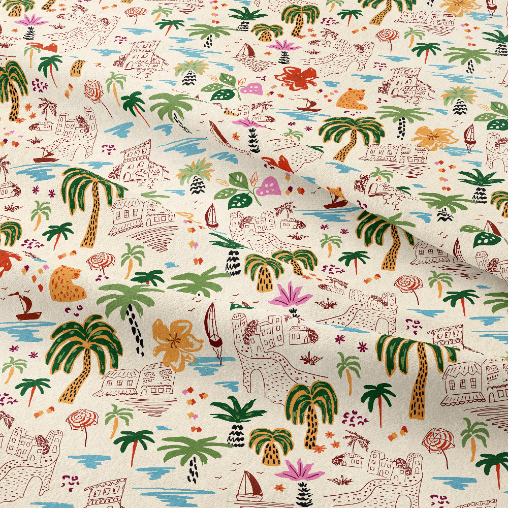 Coastal Urban Sketching with Sail Boat Palm Tree and Hibiscus Flower – Custom Print Fabrics