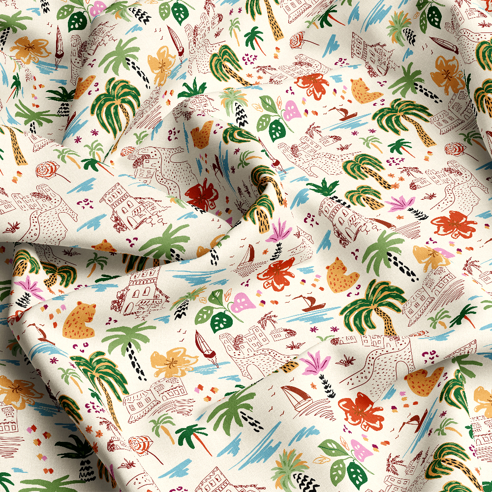 Coastal Urban Sketching with Sail Boat Palm Tree and Hibiscus Flower – Custom Print Fabrics