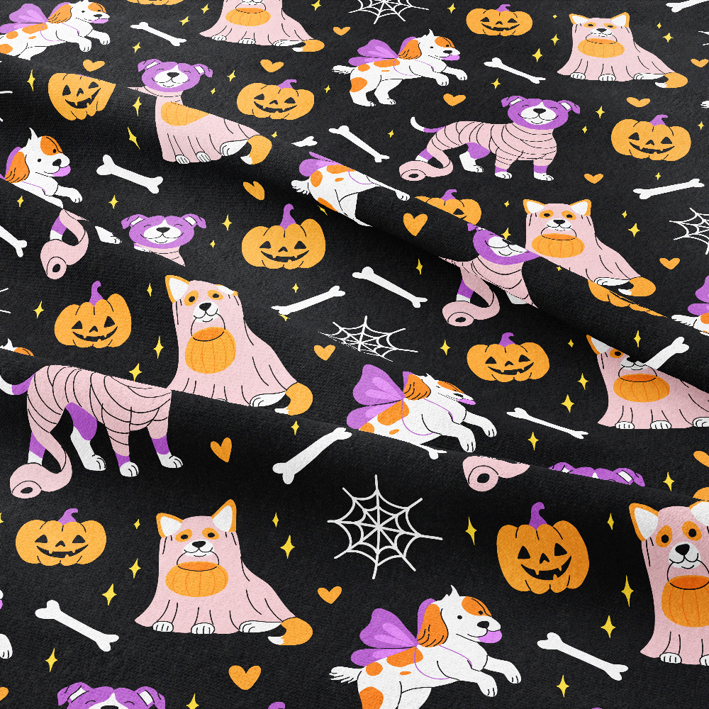 Adorable Halloween Dogs with Bones and Pumpkin Jack - o - lanterns Fabric - Custom Print Fabrics