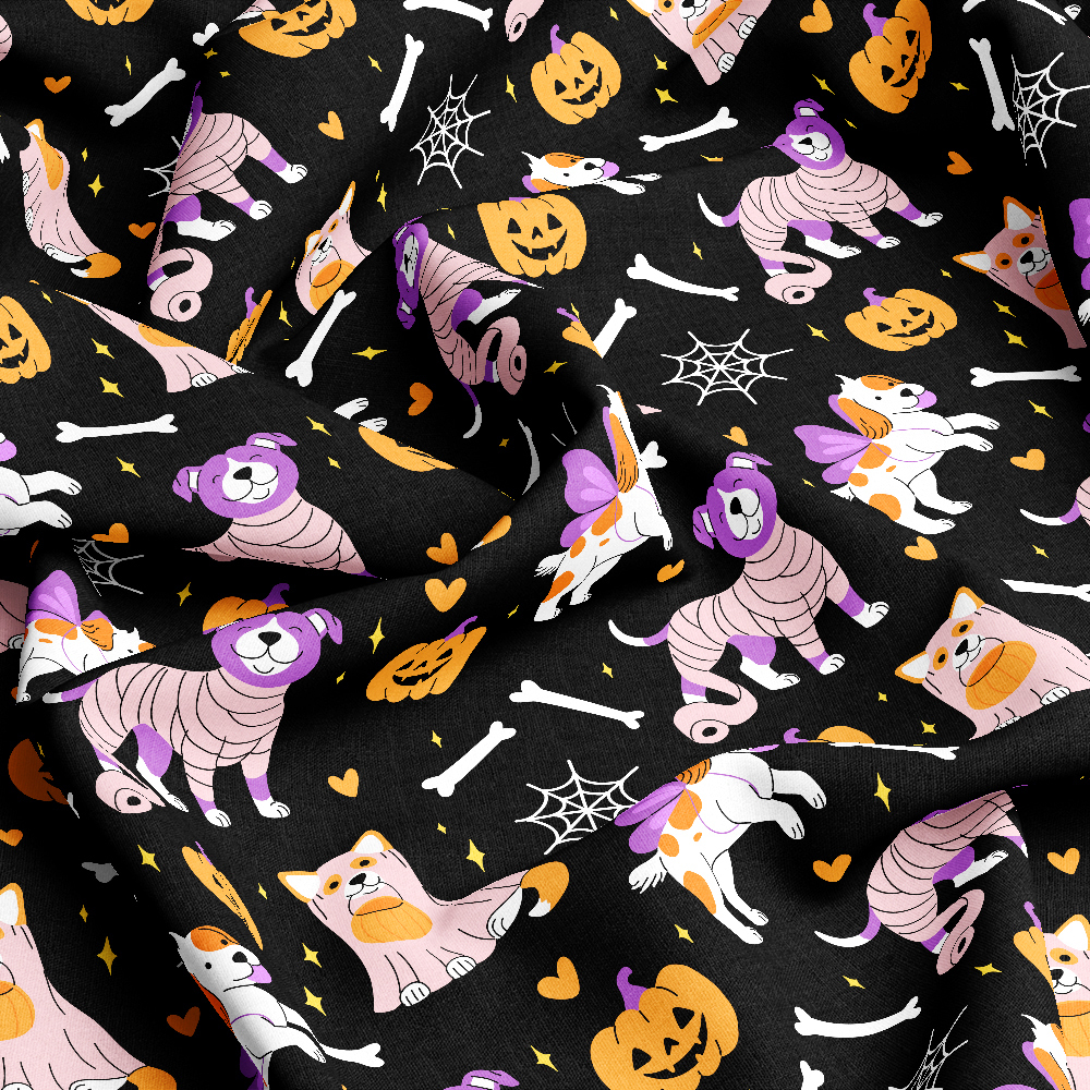 Adorable Halloween Dogs with Bones and Pumpkin Jack - o - lanterns Fabric - Custom Print Fabrics