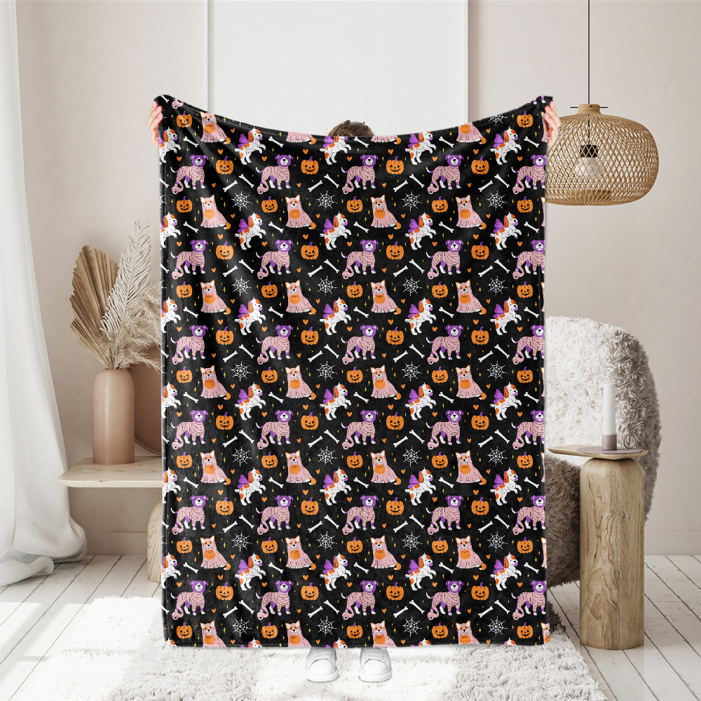 Adorable Halloween Dogs with Bones and Pumpkin Jack - o - lanterns Fabric - Custom Print Fabrics