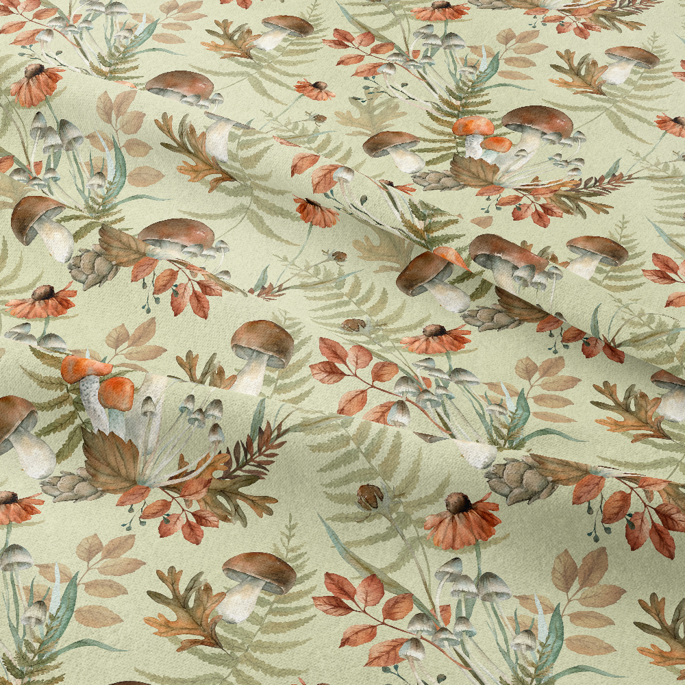 Autumn Forest Mushroom and Fern Watercolor Pattern – Custom Print Fabrics