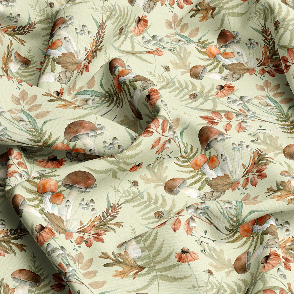 Autumn Forest Mushroom and Fern Watercolor Pattern – Custom Print Fabrics