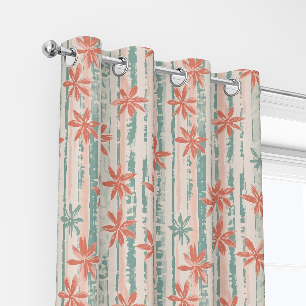 Curtain – Coral Pink & Mint Green Floral Stripe Botanical Print