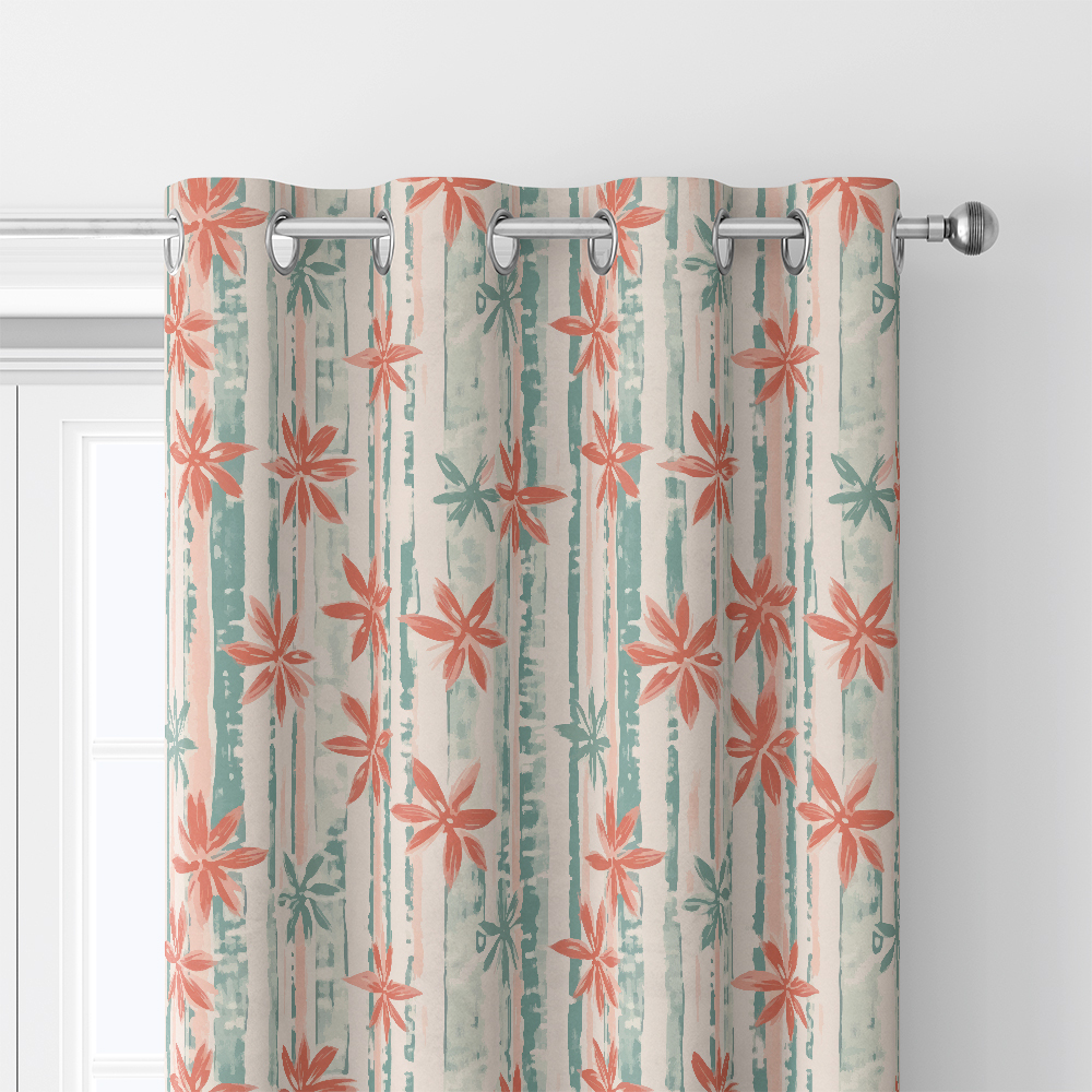 Curtain – Coral Pink & Mint Green Floral Stripe Botanical Print