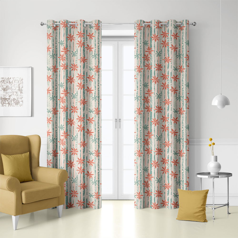 Curtain – Coral Pink & Mint Green Floral Stripe Botanical Print