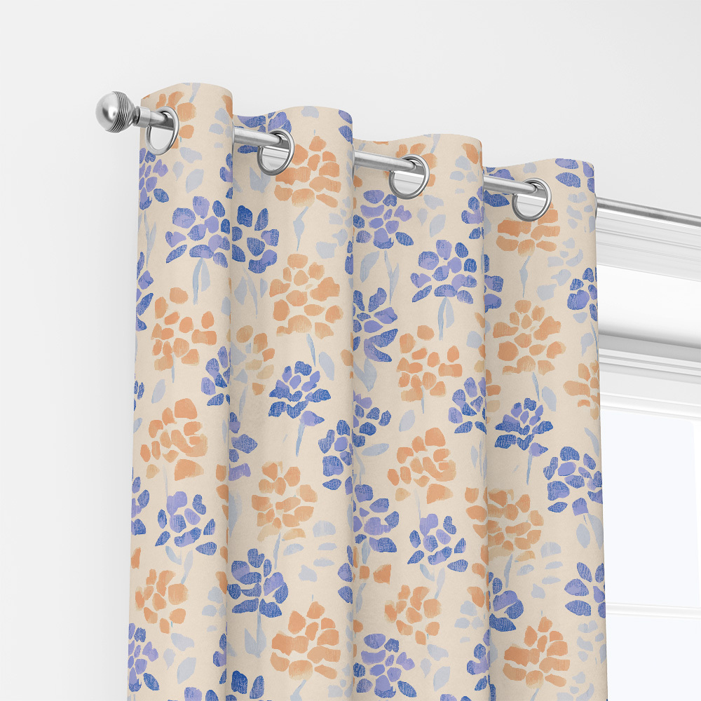Curtain – Light Blue & Orange Ditsy Floral Print on Cream Background