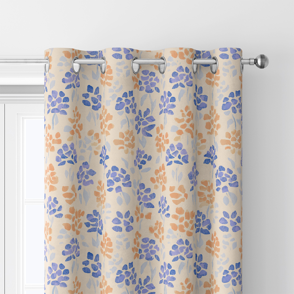 Curtain – Light Blue & Orange Ditsy Floral Print on Cream Background