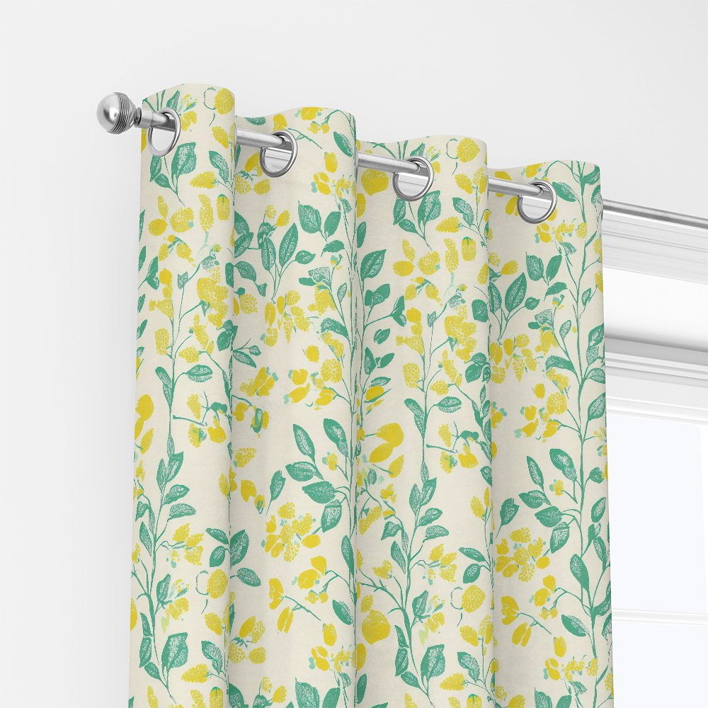 Curtain – Lemon Yellow & Green Leaf on Cream Background