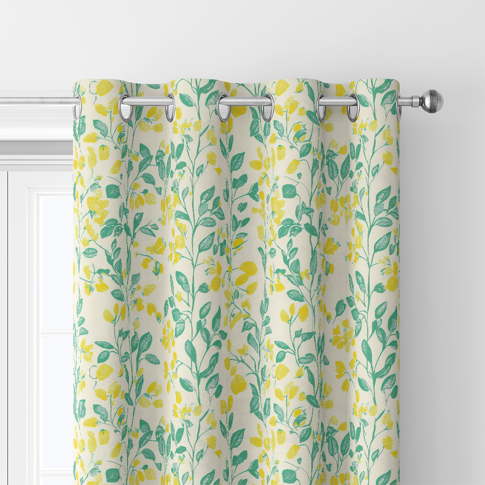 Curtain – Lemon Yellow & Green Leaf on Cream Background