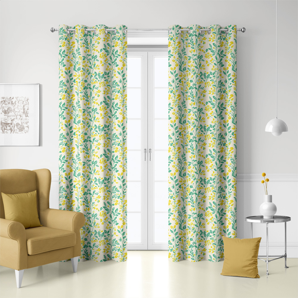 Curtain – Lemon Yellow & Green Leaf on Cream Background