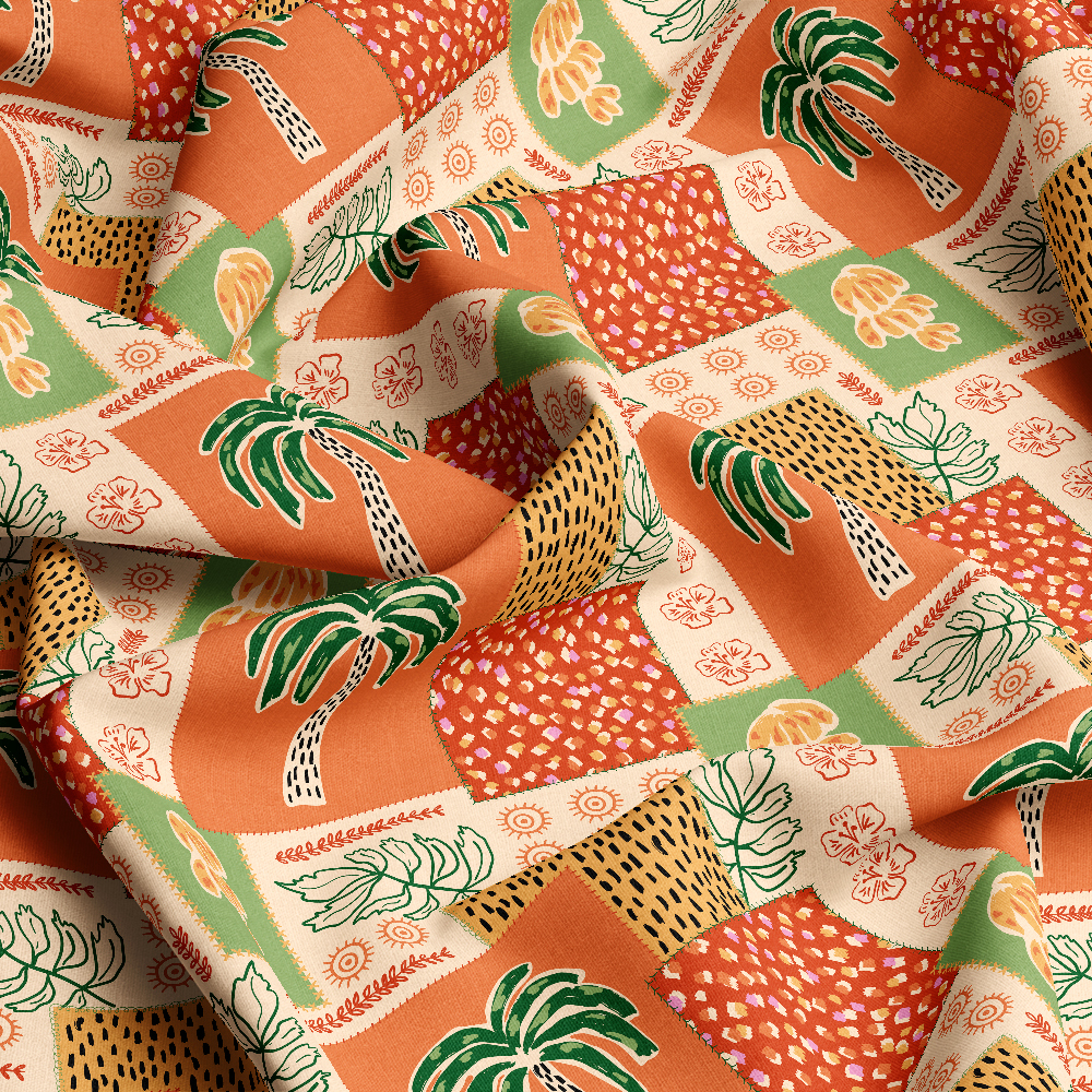 Tropical Patchwork Ethnic Pattern with Palm Trees – Custom Print Fabrics