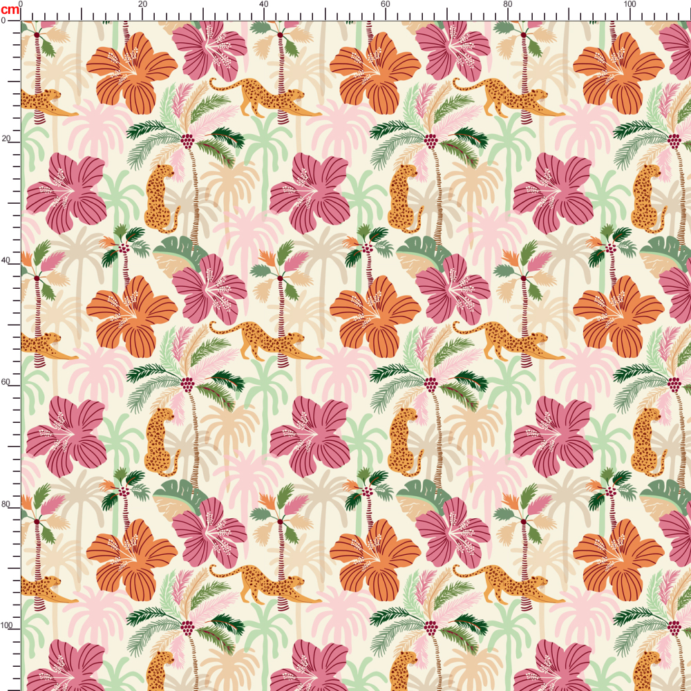 Tropical Jungle Leopard Seamless Pattern with Palms and Coral Hibiscus – Custom Print Fabrics