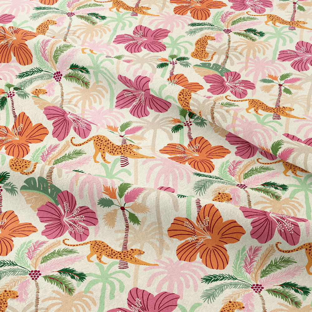 Tropical Jungle Leopard Seamless Pattern with Palms and Coral Hibiscus – Custom Print Fabrics