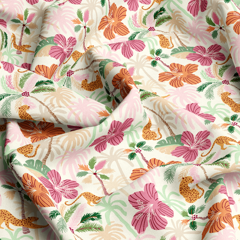 Tropical Jungle Leopard Seamless Pattern with Palms and Coral Hibiscus – Custom Print Fabrics