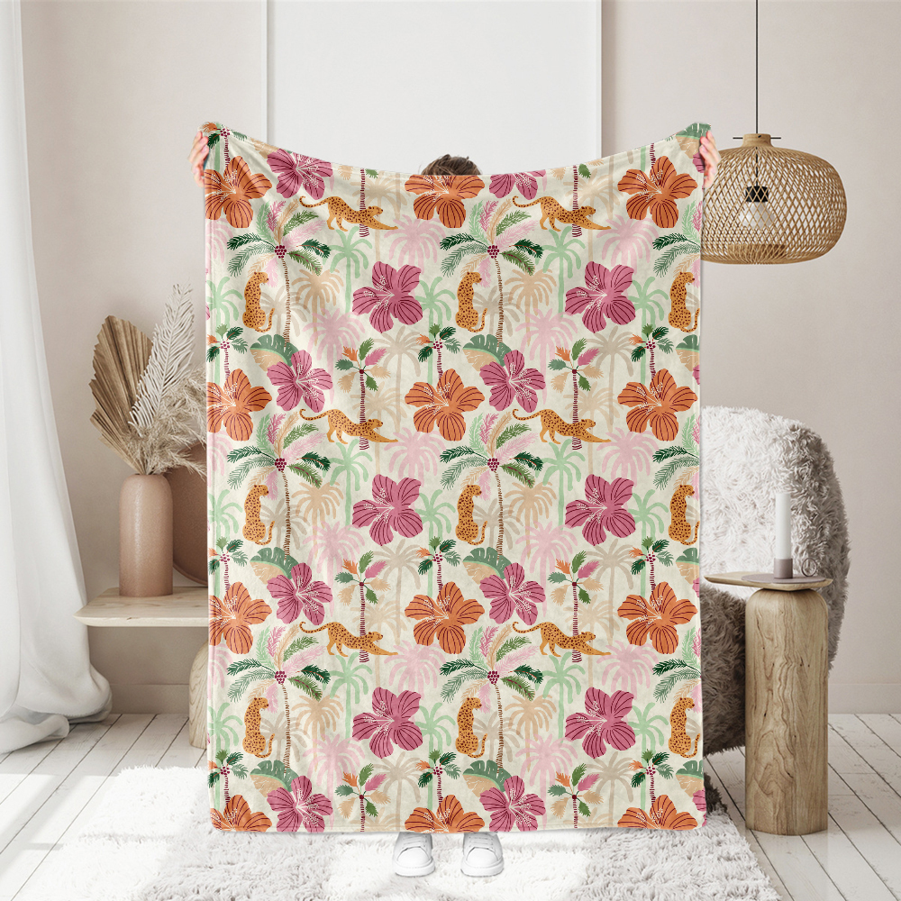 Tropical Jungle Leopard Seamless Pattern with Palms and Coral Hibiscus – Custom Print Fabrics