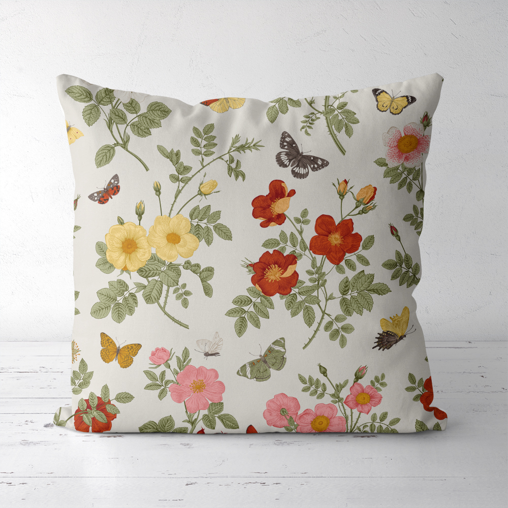Throw Pillow – Vintage Wild Roses and Butterflies