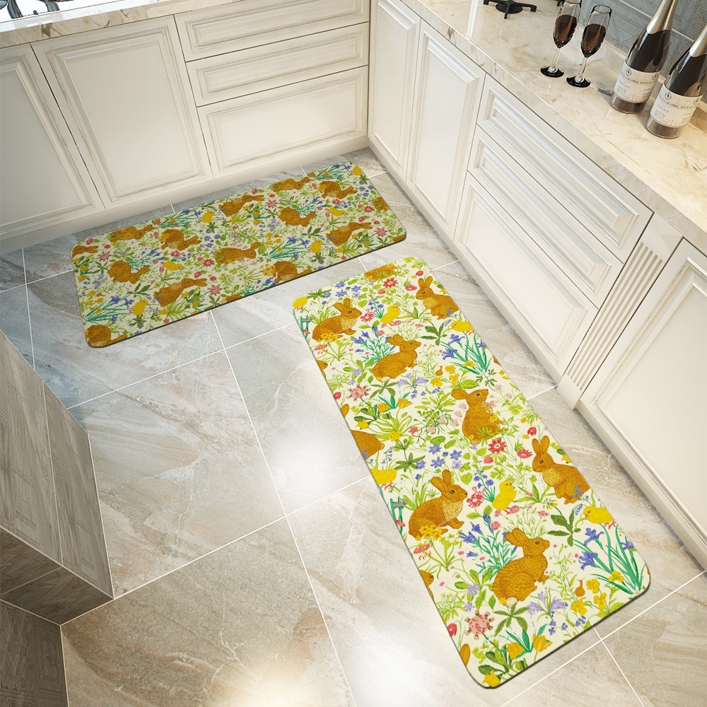 Kitchen Floor Mats – Vintage Bunny Meadow Floral Print