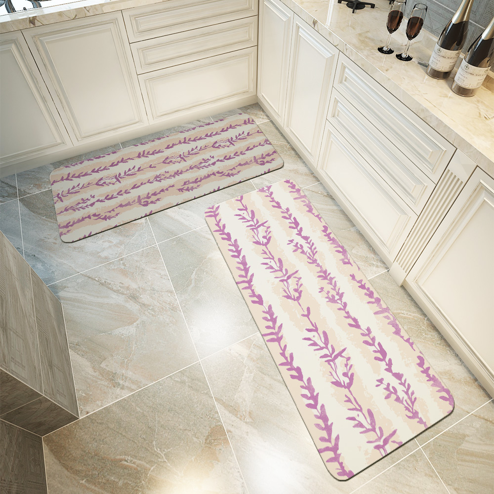 Kitchen Floor Mats – Lavender Leaf Stripe Botanical Print