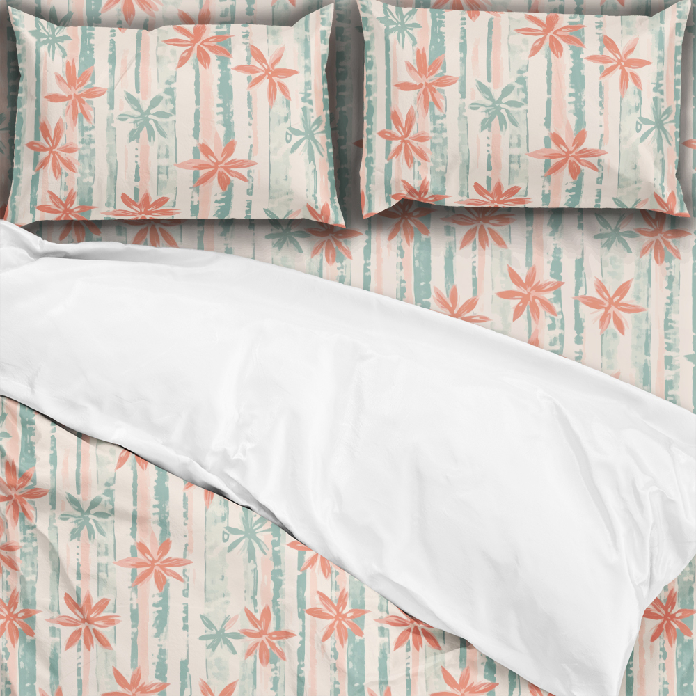 Bedding Set – Coral Pink & Mint Green Floral Stripe Botanical Print