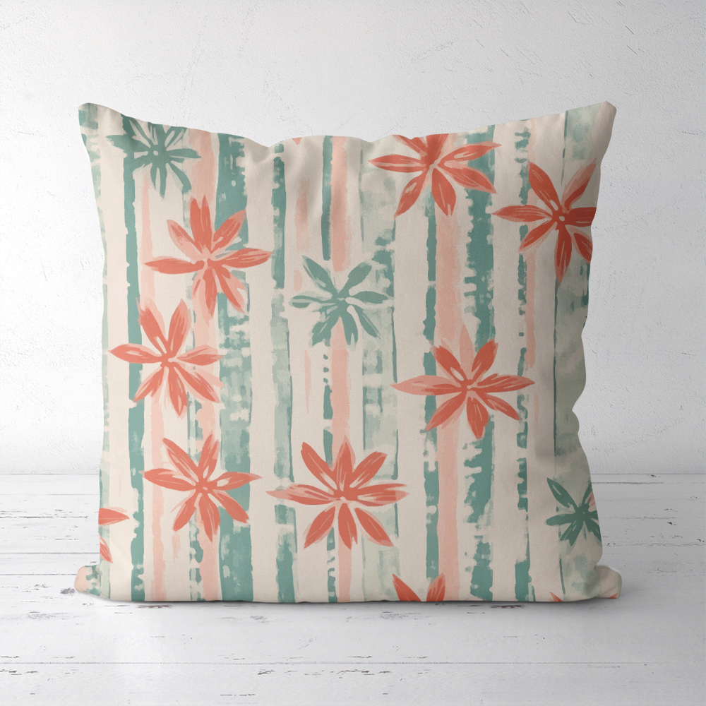 Throw Pillow – Coral Pink & Mint Green Floral Stripe Botanical Print