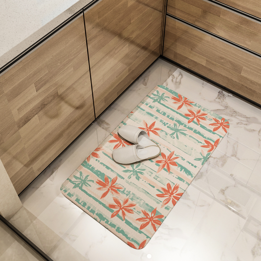 Kitchen Floor Mats – Coral Pink & Mint Green Floral Stripe Botanical Print