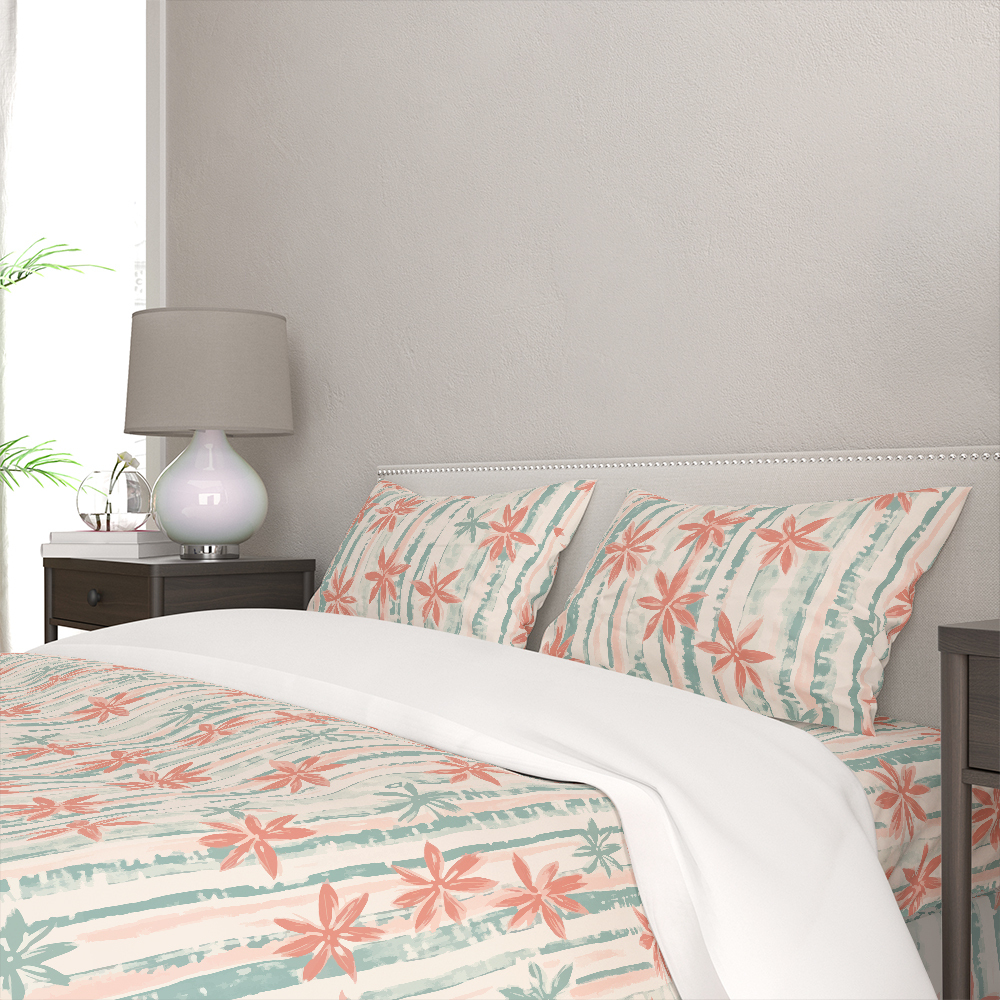 Bedding Set – Coral Pink & Mint Green Floral Stripe Botanical Print