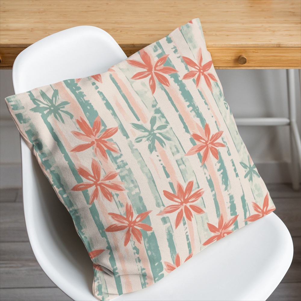 Throw Pillow – Coral Pink & Mint Green Floral Stripe Botanical Print