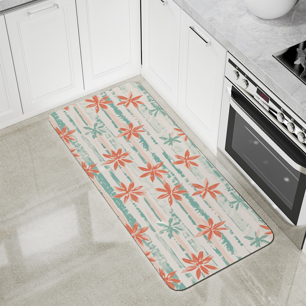 Kitchen Floor Mats – Coral Pink & Mint Green Floral Stripe Botanical Print
