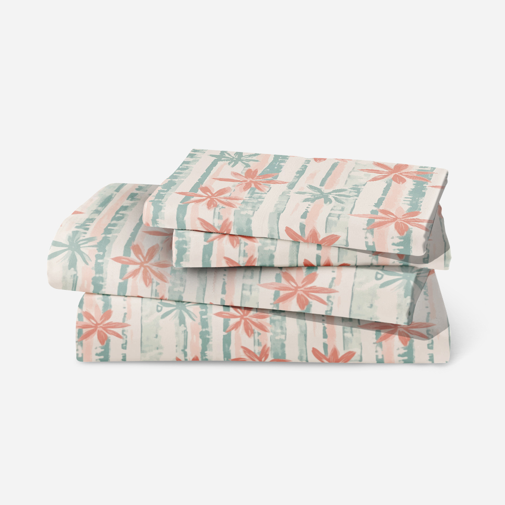 Bedding Set – Coral Pink & Mint Green Floral Stripe Botanical Print