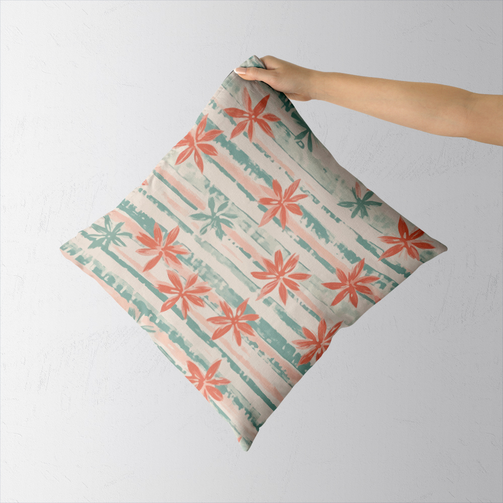 Throw Pillow – Coral Pink & Mint Green Floral Stripe Botanical Print